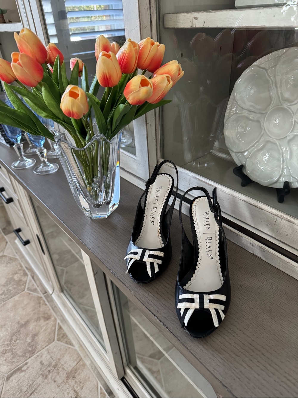 White House Black Market Black Slingback Peep-Toe Heels with White Accent